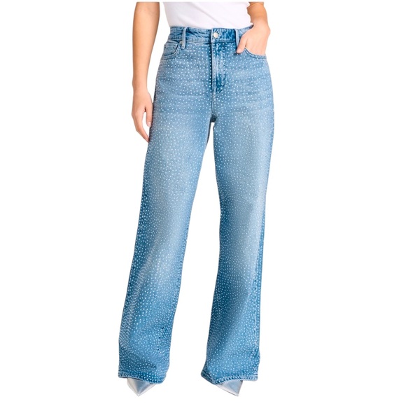 NWT GOOD AMERICAN GOOD EASE RELAXED RHINESTONE WIDE LEG DENIM JEANS SIZE 8/29 - Picture 1 of 8